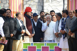 Haryana CM Manohar Lal Khattar at the inauguration of 30th Surajkund International Crafts Mela. Also seen in the picture are: Haryana Tourism Minister Bilas Sharma and veteran film actor Dharmendra who made his first public appearance as brand ambassador of Haryana Tourism 